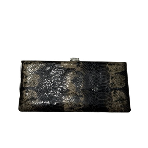 LODIS Black and Tan Rectangular Snake Clutch with Metal Clasp 8” x 4” - Picture 1 of 10